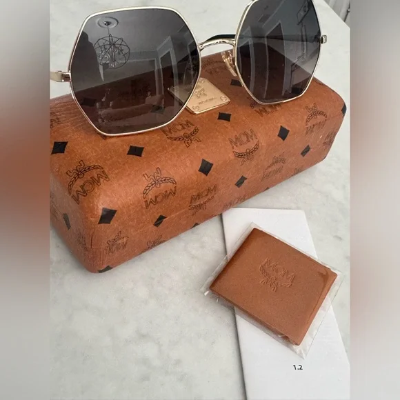 MCM Square-Frame Visetos-Print Sunglasses With Brown Case/Cleaning Cloth
